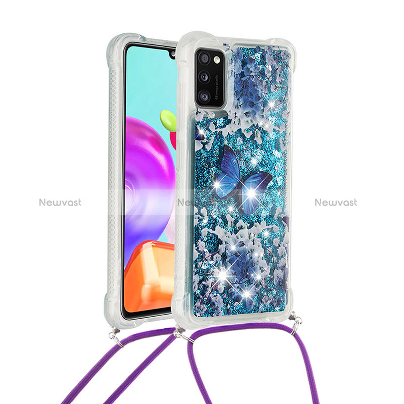 Silicone Candy Rubber TPU Bling-Bling Soft Case Cover with Lanyard Strap S02 for Samsung Galaxy A41 Blue