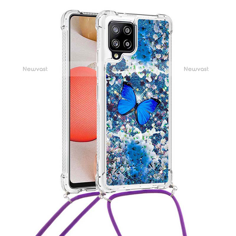 Silicone Candy Rubber TPU Bling-Bling Soft Case Cover with Lanyard Strap S02 for Samsung Galaxy A42 5G Blue