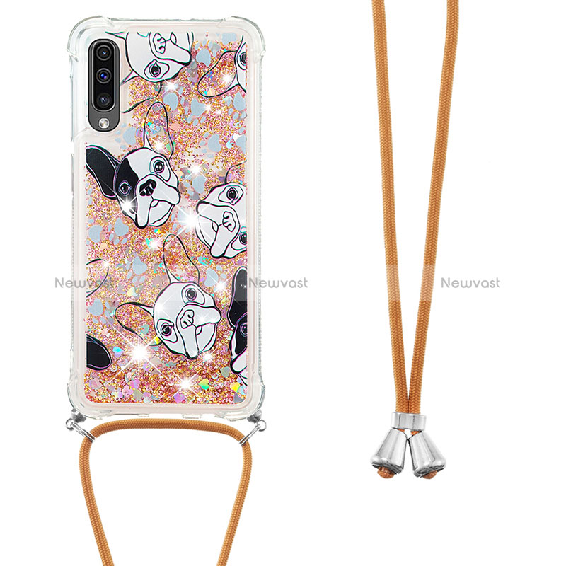 Silicone Candy Rubber TPU Bling-Bling Soft Case Cover with Lanyard Strap S02 for Samsung Galaxy A50S Gold