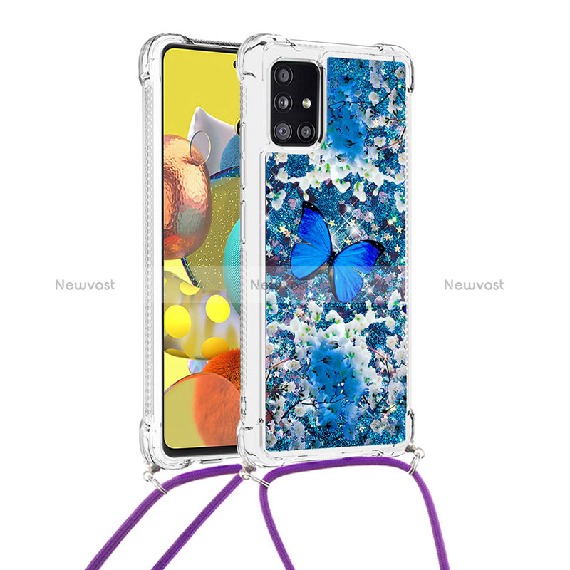 Silicone Candy Rubber TPU Bling-Bling Soft Case Cover with Lanyard Strap S02 for Samsung Galaxy A51 5G Blue