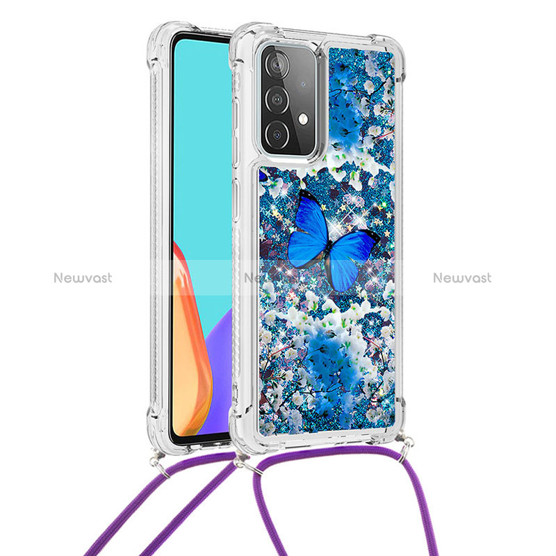 Silicone Candy Rubber TPU Bling-Bling Soft Case Cover with Lanyard Strap S02 for Samsung Galaxy A52 4G Blue