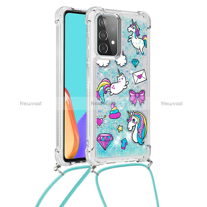 Silicone Candy Rubber TPU Bling-Bling Soft Case Cover with Lanyard Strap S02 for Samsung Galaxy A52 5G Sky Blue