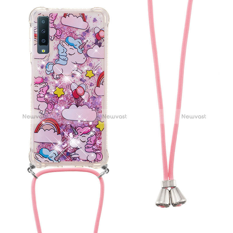 Silicone Candy Rubber TPU Bling-Bling Soft Case Cover with Lanyard Strap S02 for Samsung Galaxy A7 (2018) A750