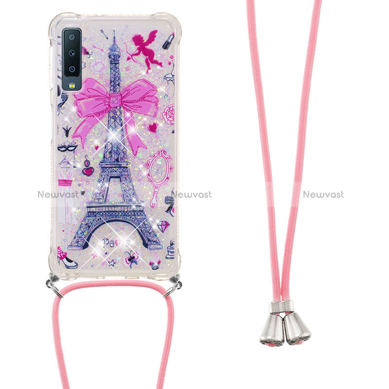 Silicone Candy Rubber TPU Bling-Bling Soft Case Cover with Lanyard Strap S02 for Samsung Galaxy A7 (2018) A750