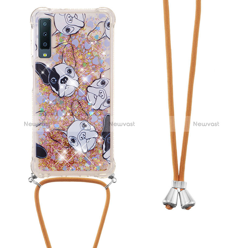 Silicone Candy Rubber TPU Bling-Bling Soft Case Cover with Lanyard Strap S02 for Samsung Galaxy A7 (2018) A750 Gold