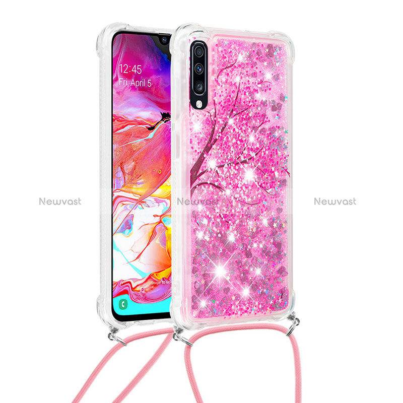 Silicone Candy Rubber TPU Bling-Bling Soft Case Cover with Lanyard Strap S02 for Samsung Galaxy A70S Hot Pink