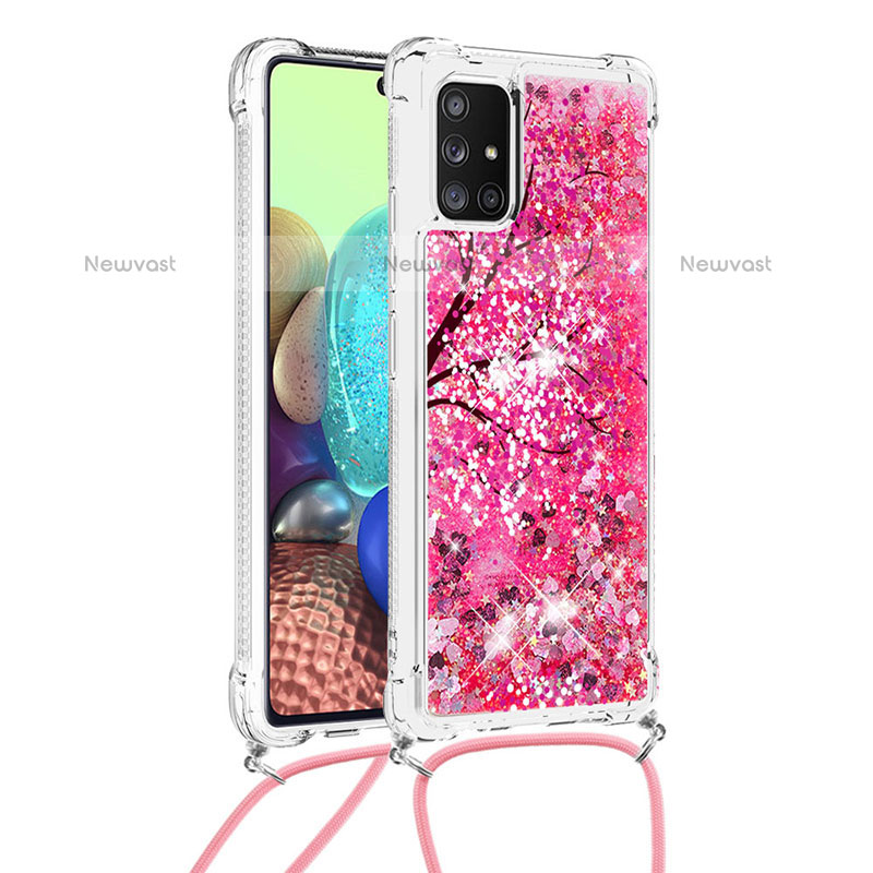 Silicone Candy Rubber TPU Bling-Bling Soft Case Cover with Lanyard Strap S02 for Samsung Galaxy A71 4G A715 Hot Pink