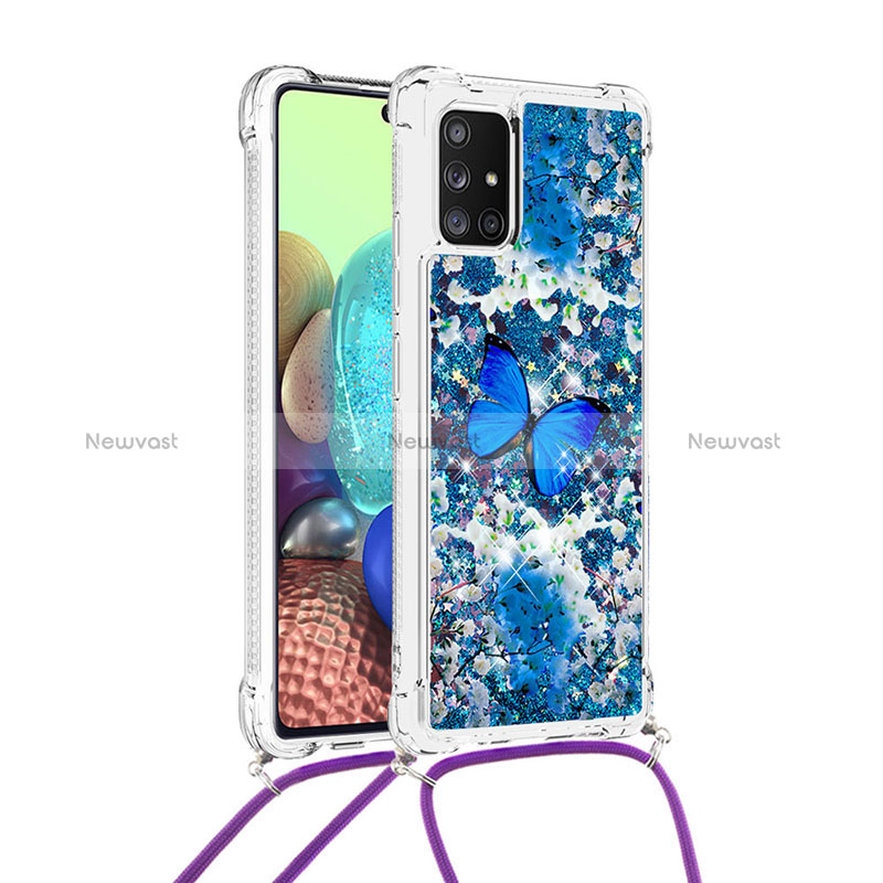 Silicone Candy Rubber TPU Bling-Bling Soft Case Cover with Lanyard Strap S02 for Samsung Galaxy A71 5G Blue