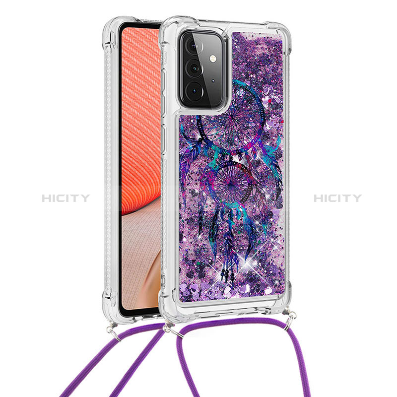 Silicone Candy Rubber TPU Bling-Bling Soft Case Cover with Lanyard Strap S02 for Samsung Galaxy A72 4G Purple