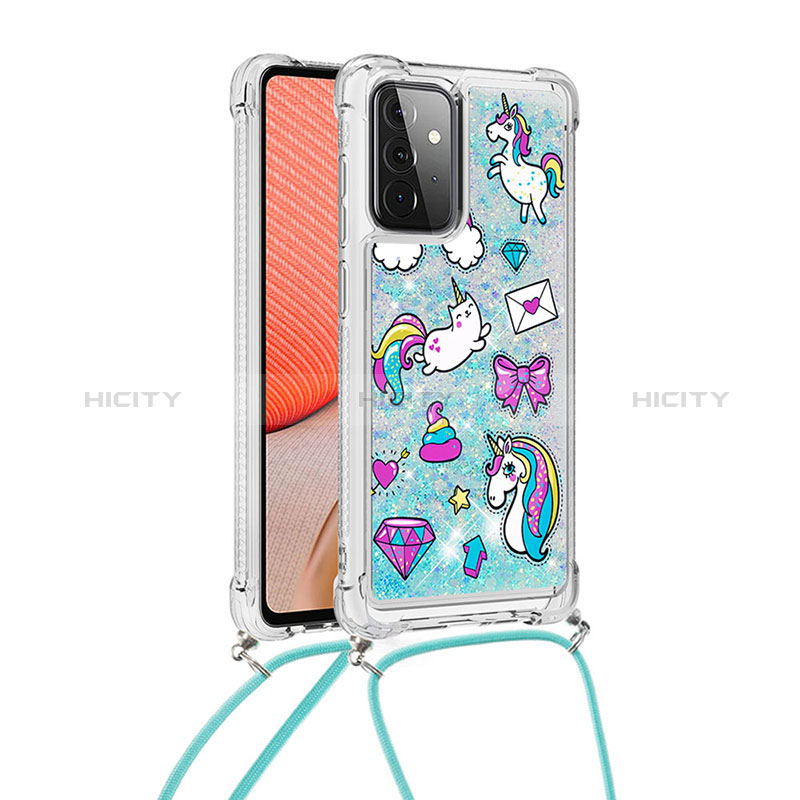 Silicone Candy Rubber TPU Bling-Bling Soft Case Cover with Lanyard Strap S02 for Samsung Galaxy A72 4G Sky Blue