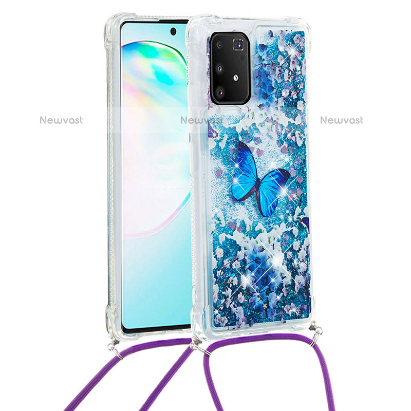 Silicone Candy Rubber TPU Bling-Bling Soft Case Cover with Lanyard Strap S02 for Samsung Galaxy A91 Blue