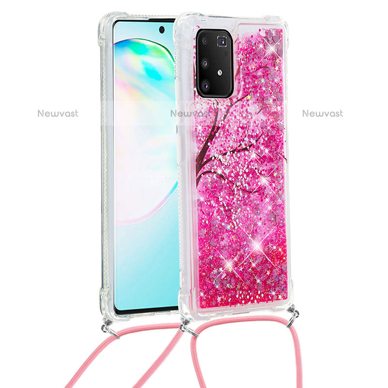 Silicone Candy Rubber TPU Bling-Bling Soft Case Cover with Lanyard Strap S02 for Samsung Galaxy A91 Hot Pink