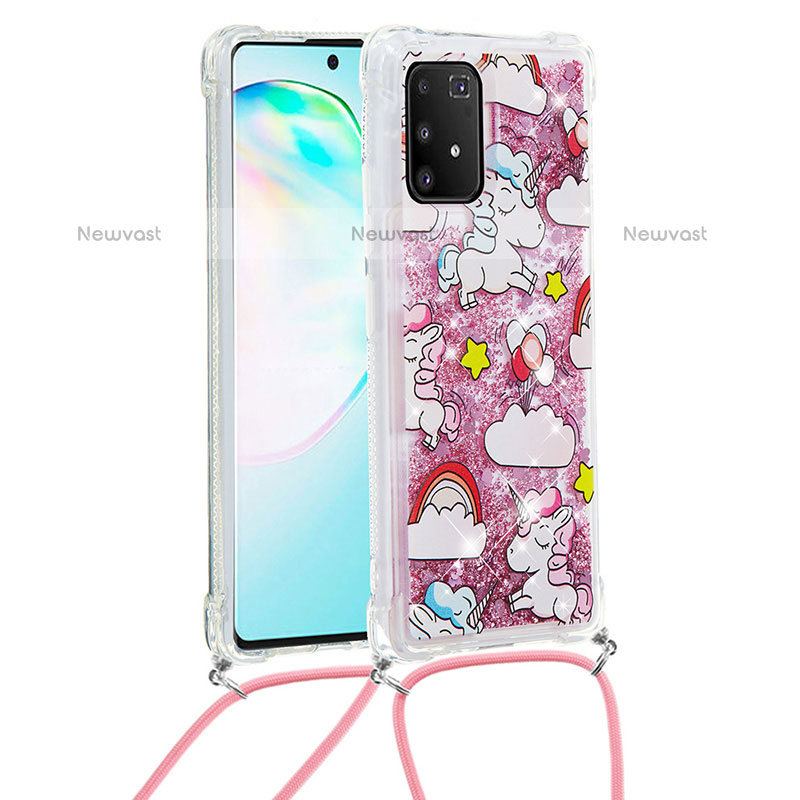 Silicone Candy Rubber TPU Bling-Bling Soft Case Cover with Lanyard Strap S02 for Samsung Galaxy A91 Red