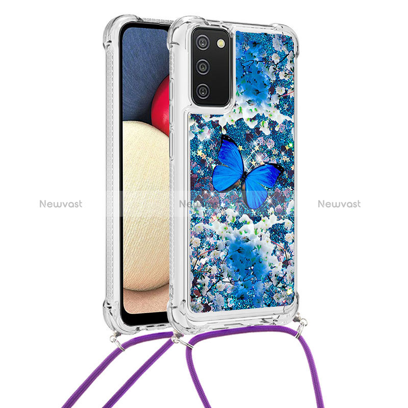 Silicone Candy Rubber TPU Bling-Bling Soft Case Cover with Lanyard Strap S02 for Samsung Galaxy F02S SM-E025F Blue