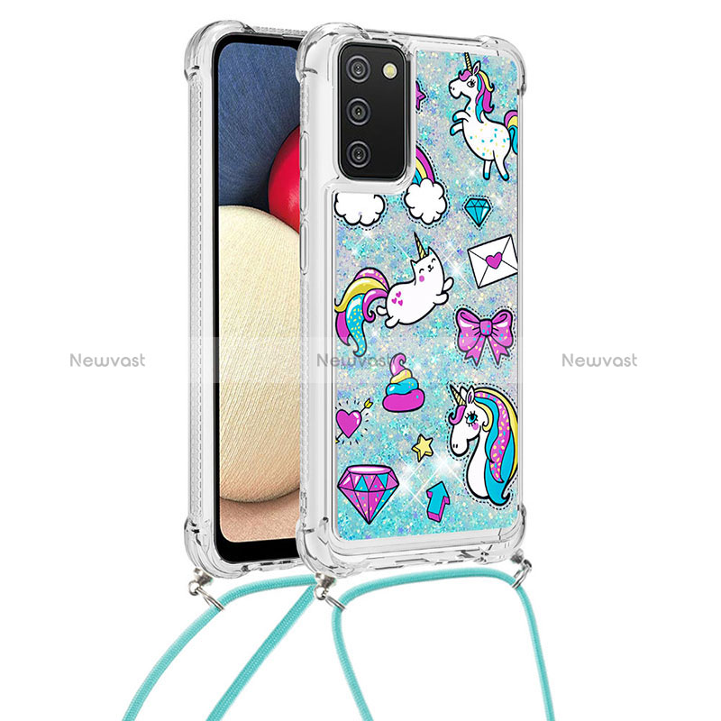 Silicone Candy Rubber TPU Bling-Bling Soft Case Cover with Lanyard Strap S02 for Samsung Galaxy F02S SM-E025F Sky Blue