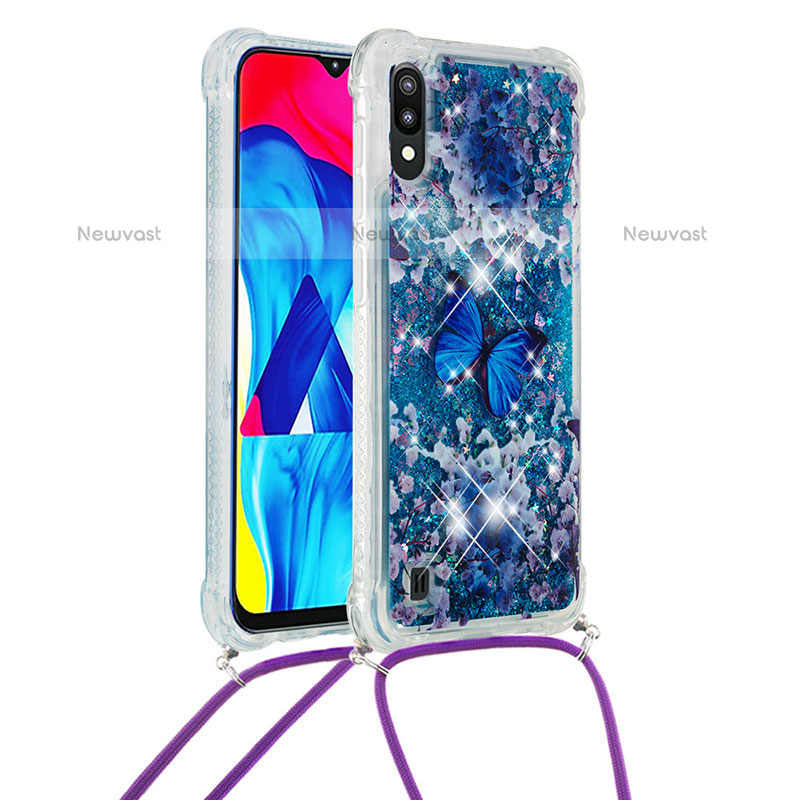 Silicone Candy Rubber TPU Bling-Bling Soft Case Cover with Lanyard Strap S02 for Samsung Galaxy M10 Blue