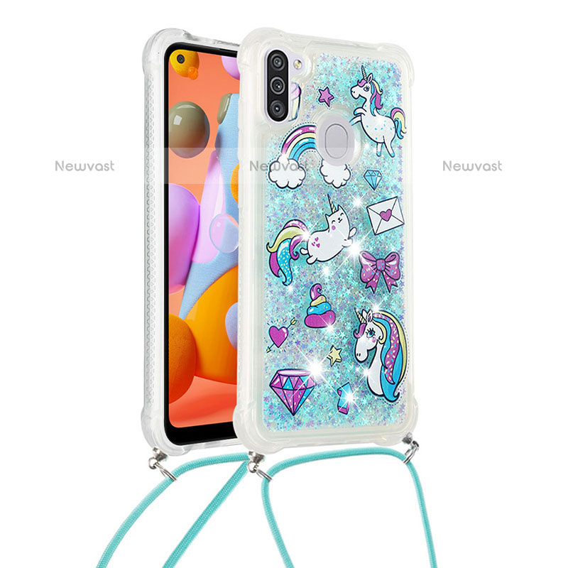 Silicone Candy Rubber TPU Bling-Bling Soft Case Cover with Lanyard Strap S02 for Samsung Galaxy M11 Sky Blue