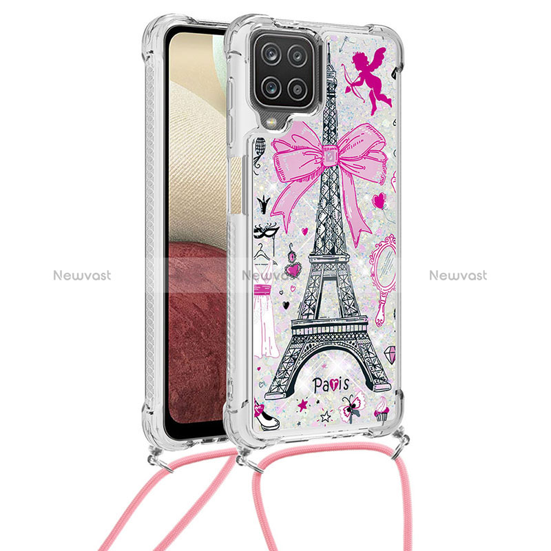 Silicone Candy Rubber TPU Bling-Bling Soft Case Cover with Lanyard Strap S02 for Samsung Galaxy M12 Pink