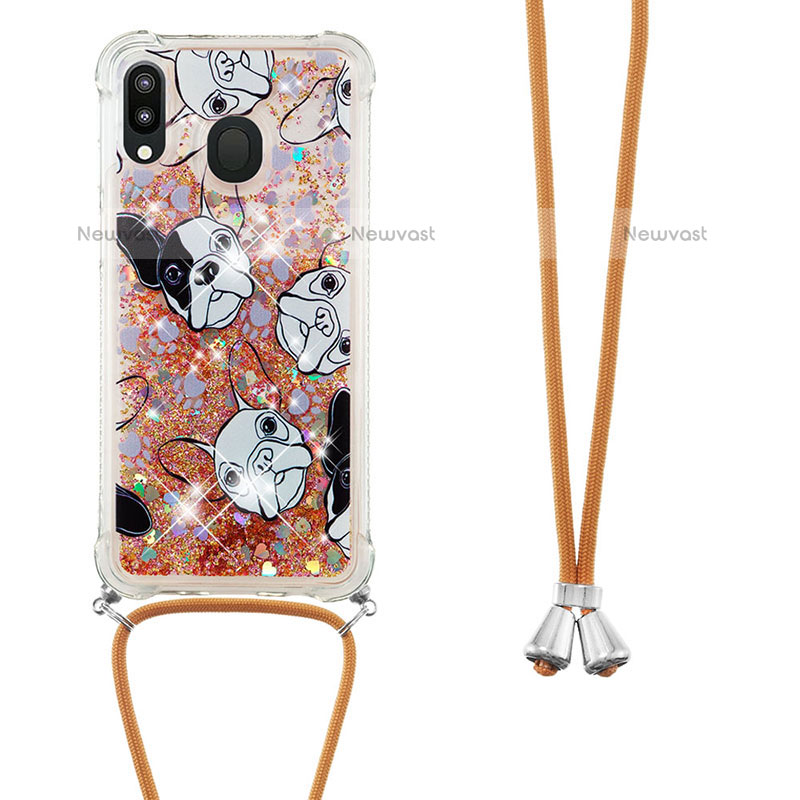 Silicone Candy Rubber TPU Bling-Bling Soft Case Cover with Lanyard Strap S02 for Samsung Galaxy M20 Gold