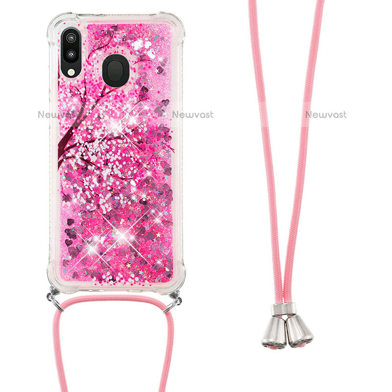 Silicone Candy Rubber TPU Bling-Bling Soft Case Cover with Lanyard Strap S02 for Samsung Galaxy M20 Hot Pink