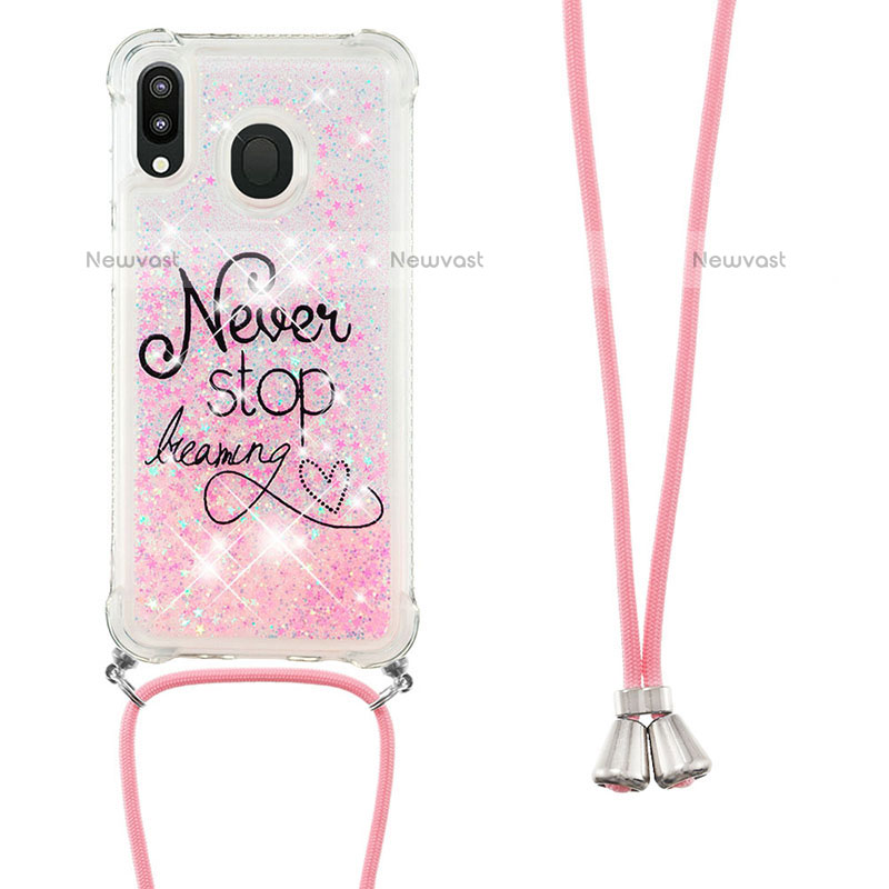 Silicone Candy Rubber TPU Bling-Bling Soft Case Cover with Lanyard Strap S02 for Samsung Galaxy M20 Pink