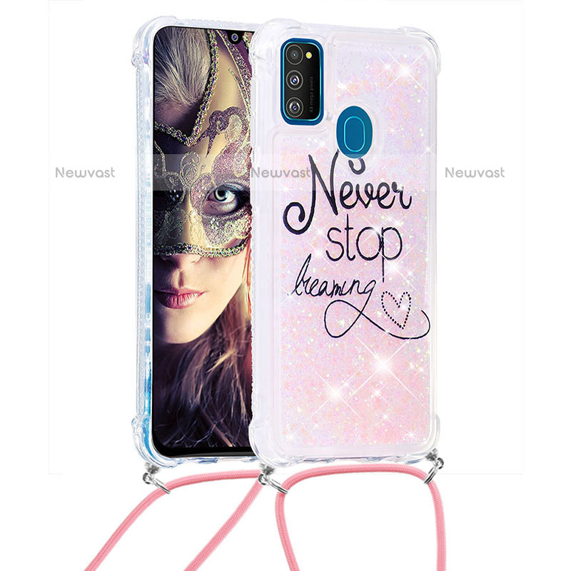 Silicone Candy Rubber TPU Bling-Bling Soft Case Cover with Lanyard Strap S02 for Samsung Galaxy M21 Mixed