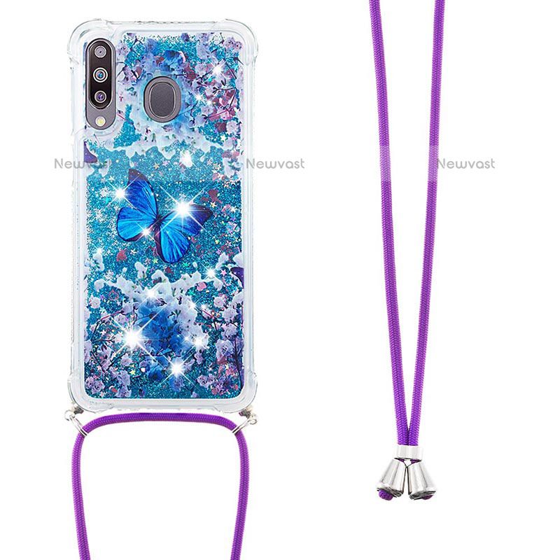 Silicone Candy Rubber TPU Bling-Bling Soft Case Cover with Lanyard Strap S02 for Samsung Galaxy M30 Blue