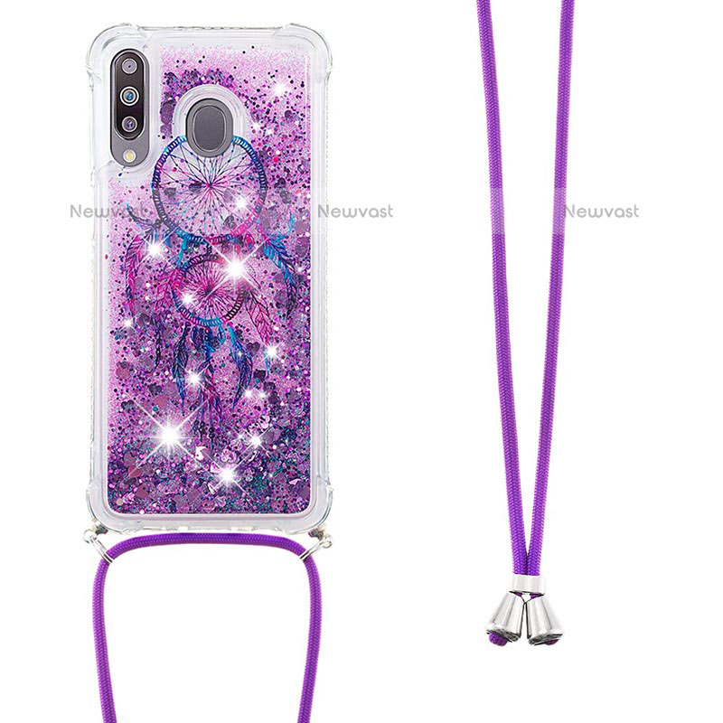 Silicone Candy Rubber TPU Bling-Bling Soft Case Cover with Lanyard Strap S02 for Samsung Galaxy M30 Purple