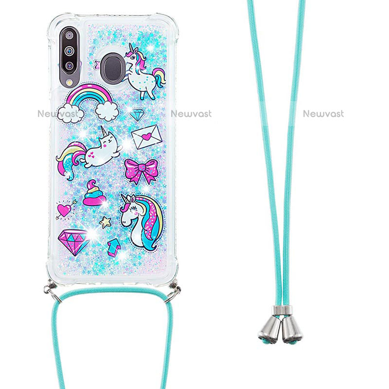 Silicone Candy Rubber TPU Bling-Bling Soft Case Cover with Lanyard Strap S02 for Samsung Galaxy M30 Sky Blue