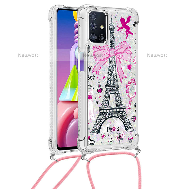 Silicone Candy Rubber TPU Bling-Bling Soft Case Cover with Lanyard Strap S02 for Samsung Galaxy M51 Pink