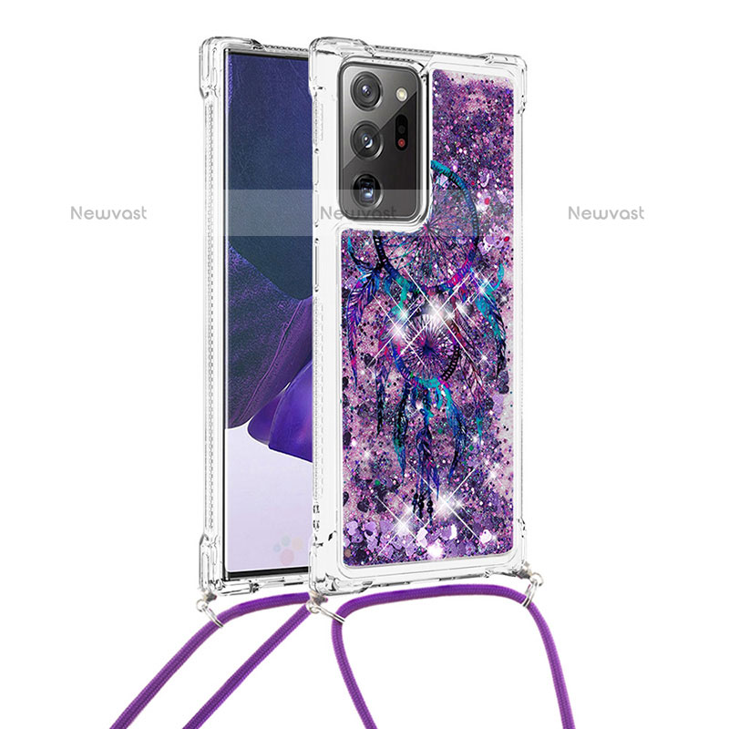 Silicone Candy Rubber TPU Bling-Bling Soft Case Cover with Lanyard Strap S02 for Samsung Galaxy Note 20 Ultra 5G Purple