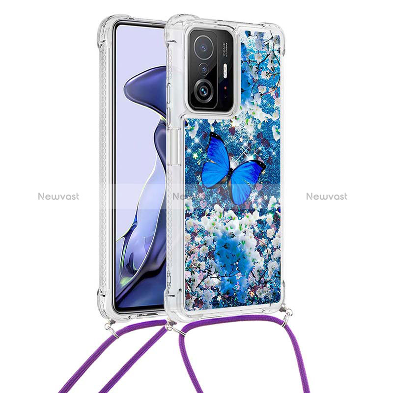 Silicone Candy Rubber TPU Bling-Bling Soft Case Cover with Lanyard Strap S02 for Xiaomi Mi 11T Pro 5G Blue