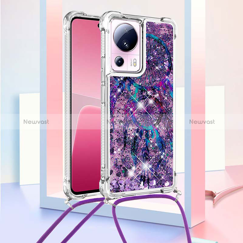 Silicone Candy Rubber TPU Bling-Bling Soft Case Cover with Lanyard Strap S02 for Xiaomi Mi 13 Lite 5G Purple