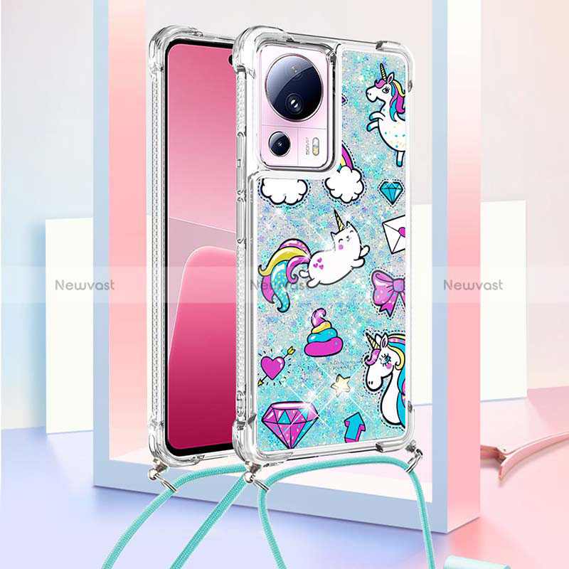 Silicone Candy Rubber TPU Bling-Bling Soft Case Cover with Lanyard Strap S02 for Xiaomi Mi 13 Lite 5G Sky Blue