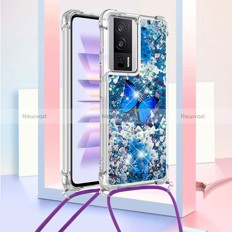 Silicone Candy Rubber TPU Bling-Bling Soft Case Cover with Lanyard Strap S02 for Xiaomi Poco F5 Pro 5G Blue