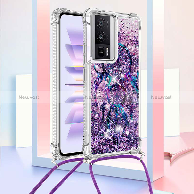 Silicone Candy Rubber TPU Bling-Bling Soft Case Cover with Lanyard Strap S02 for Xiaomi Poco F5 Pro 5G Purple