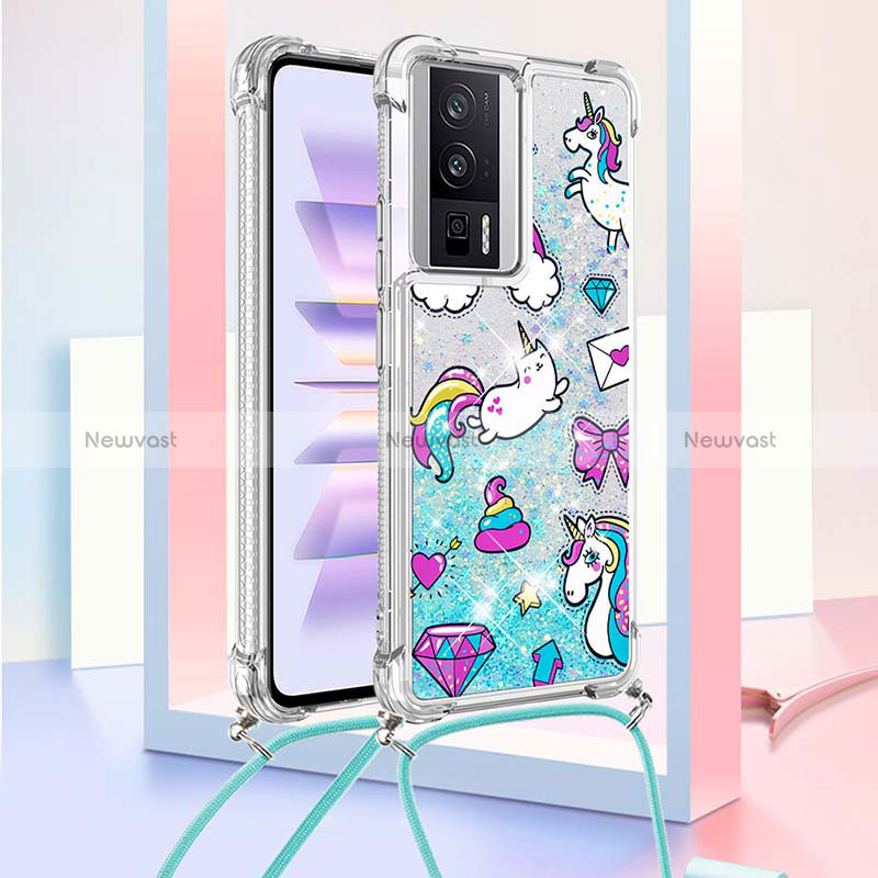 Silicone Candy Rubber TPU Bling-Bling Soft Case Cover with Lanyard Strap S02 for Xiaomi Poco F5 Pro 5G Sky Blue