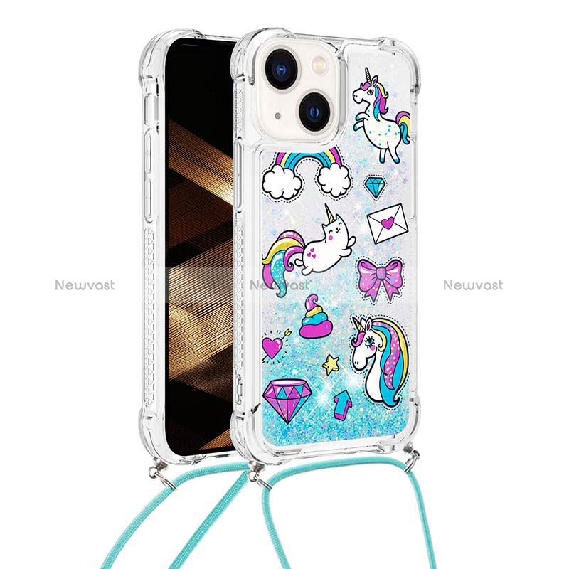 Silicone Candy Rubber TPU Bling-Bling Soft Case Cover with Lanyard Strap S03 for Apple iPhone 13 Mint Blue