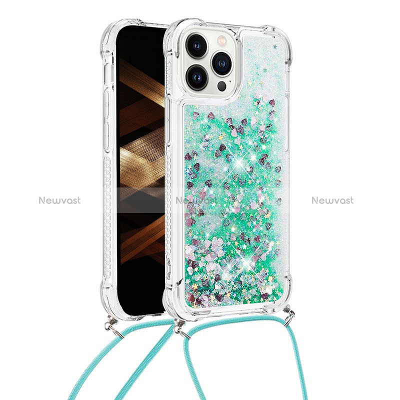 Silicone Candy Rubber TPU Bling-Bling Soft Case Cover with Lanyard Strap S03 for Apple iPhone 13 Pro Green