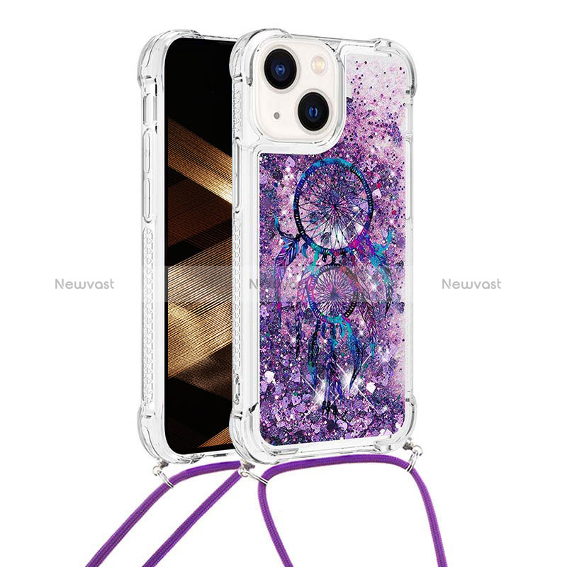 Silicone Candy Rubber TPU Bling-Bling Soft Case Cover with Lanyard Strap S03 for Apple iPhone 13 Purple