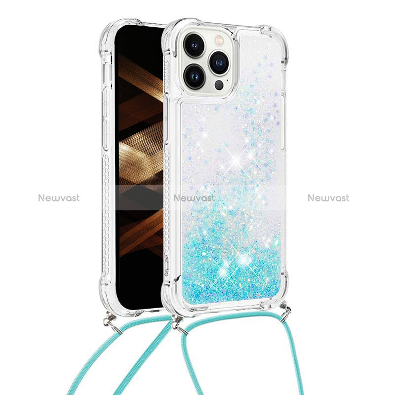 Silicone Candy Rubber TPU Bling-Bling Soft Case Cover with Lanyard Strap S03 for Apple iPhone 15 Pro Max Sky Blue