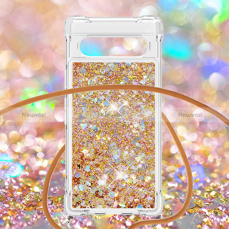 Silicone Candy Rubber TPU Bling-Bling Soft Case Cover with Lanyard Strap S03 for Google Pixel 7a 5G Gold