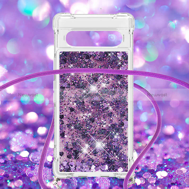 Silicone Candy Rubber TPU Bling-Bling Soft Case Cover with Lanyard Strap S03 for Google Pixel 7a 5G Purple