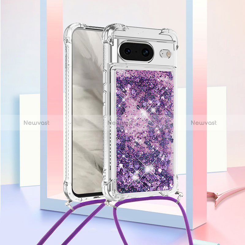 Silicone Candy Rubber TPU Bling-Bling Soft Case Cover with Lanyard Strap S03 for Google Pixel 8 5G Purple