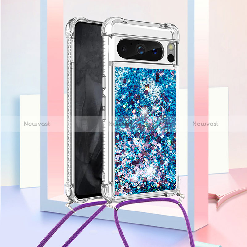 Silicone Candy Rubber TPU Bling-Bling Soft Case Cover with Lanyard Strap S03 for Google Pixel 8 Pro 5G Blue