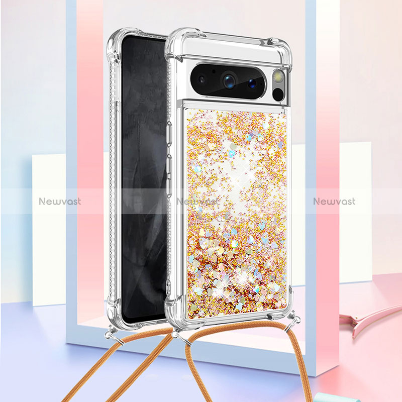 Silicone Candy Rubber TPU Bling-Bling Soft Case Cover with Lanyard Strap S03 for Google Pixel 8 Pro 5G Gold