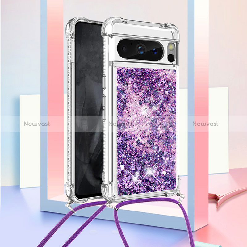 Silicone Candy Rubber TPU Bling-Bling Soft Case Cover with Lanyard Strap S03 for Google Pixel 8 Pro 5G Purple