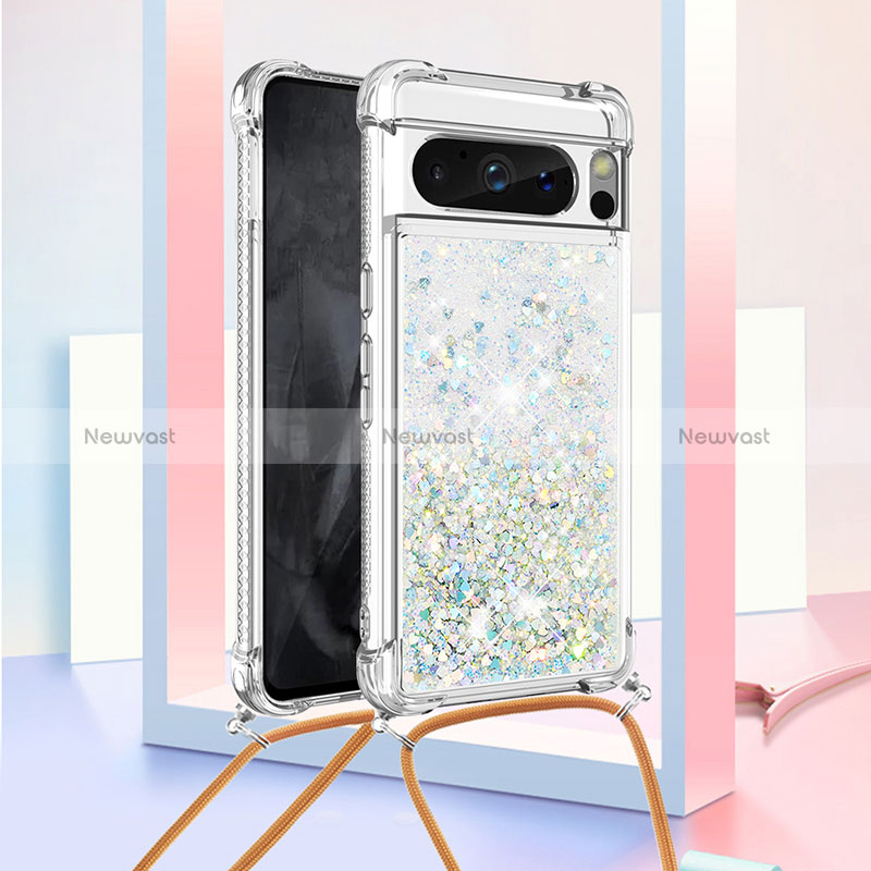 Silicone Candy Rubber TPU Bling-Bling Soft Case Cover with Lanyard Strap S03 for Google Pixel 8 Pro 5G Silver