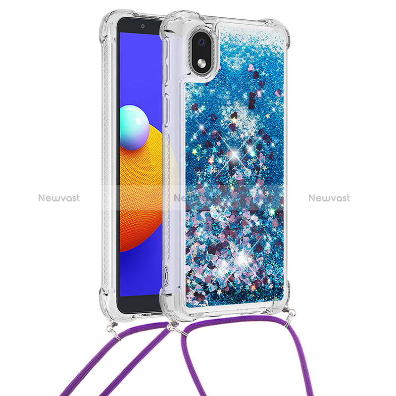 Silicone Candy Rubber TPU Bling-Bling Soft Case Cover with Lanyard Strap S03 for Samsung Galaxy A01 Core Blue