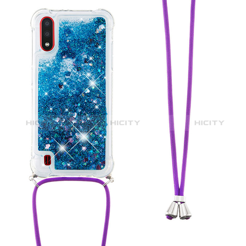 Silicone Candy Rubber TPU Bling-Bling Soft Case Cover with Lanyard Strap S03 for Samsung Galaxy A01 SM-A015 Blue